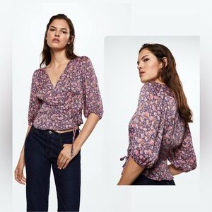Mango Libya Pink Floral Wrap Top V-Neck Blouse Boho Cottagecore Crop Size 8
